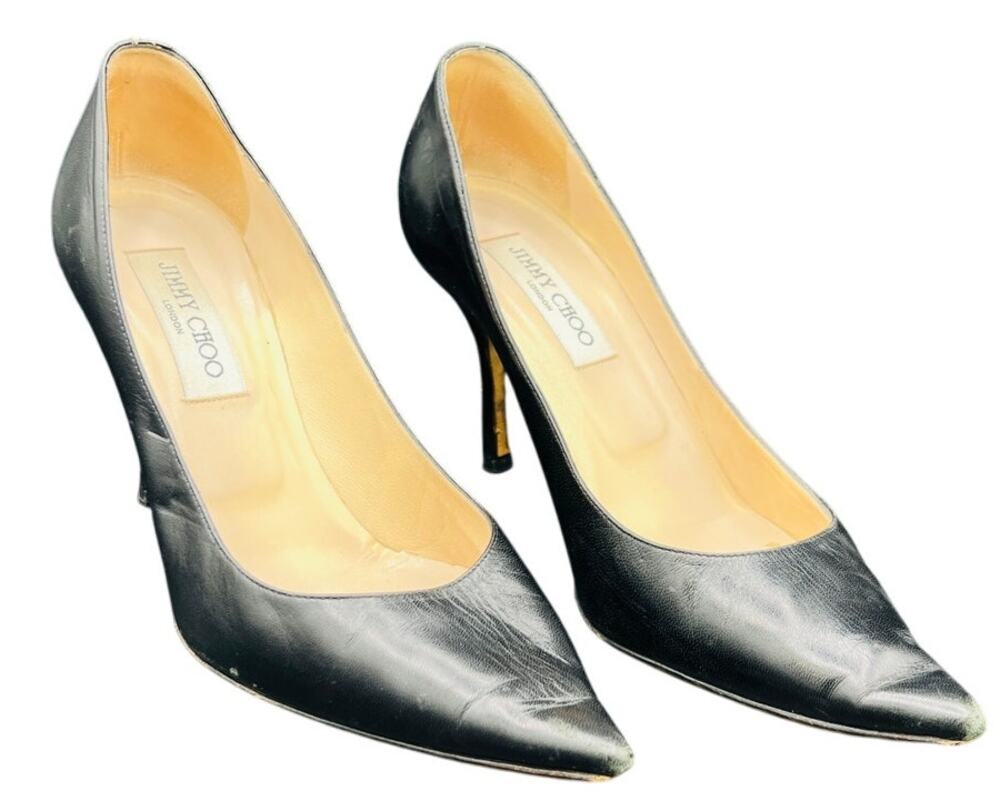 ✨ Jimmy Choo Black Leather Pointed Toe Stiletto Pumps 3.5" Heel EU 38.5 - Picture 1 of 5